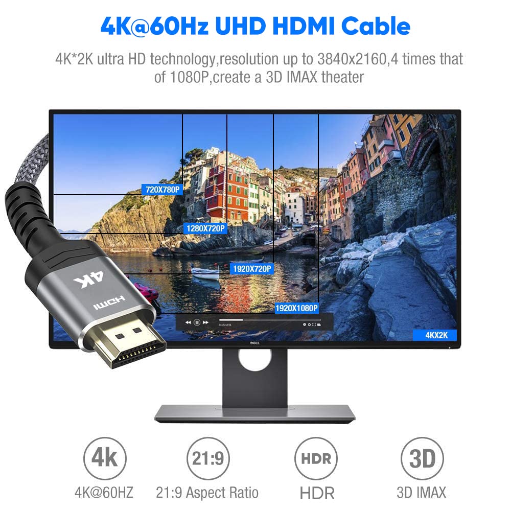 Highwings High-Speed 25 FT HDMI Cable, 18Gbps 2.0 Braided HDMI Cord, 4K HDR, HDR10, HDCP 2.2, ARC, Compatible with Roku TV/HDTV/PS5/Blu-ray